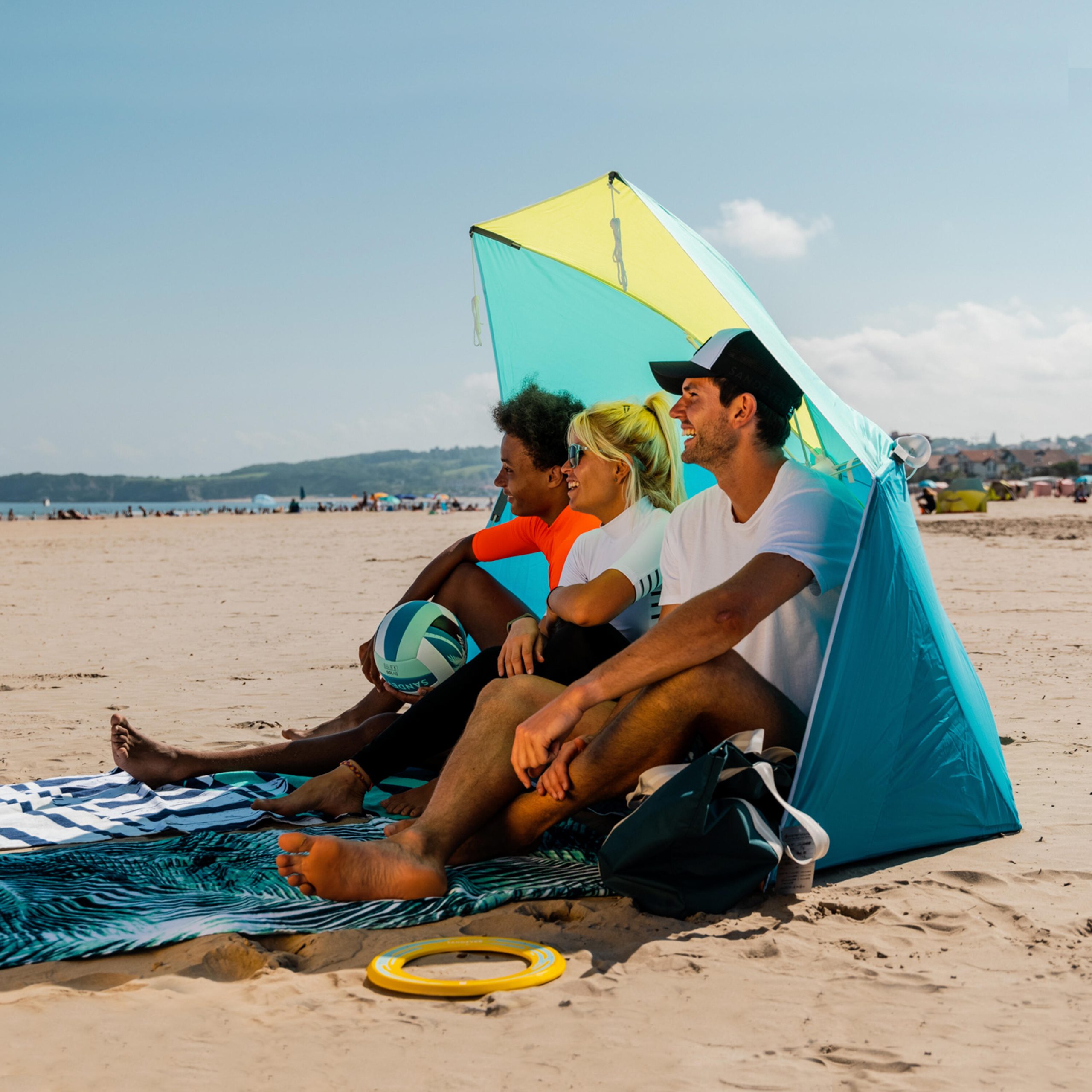 abri-de-plage-031gpc.jpg Parasol Abri plage solaire Iwiko 180 bleu jaune UPF50+ 3 places | Decathlon – Image 1