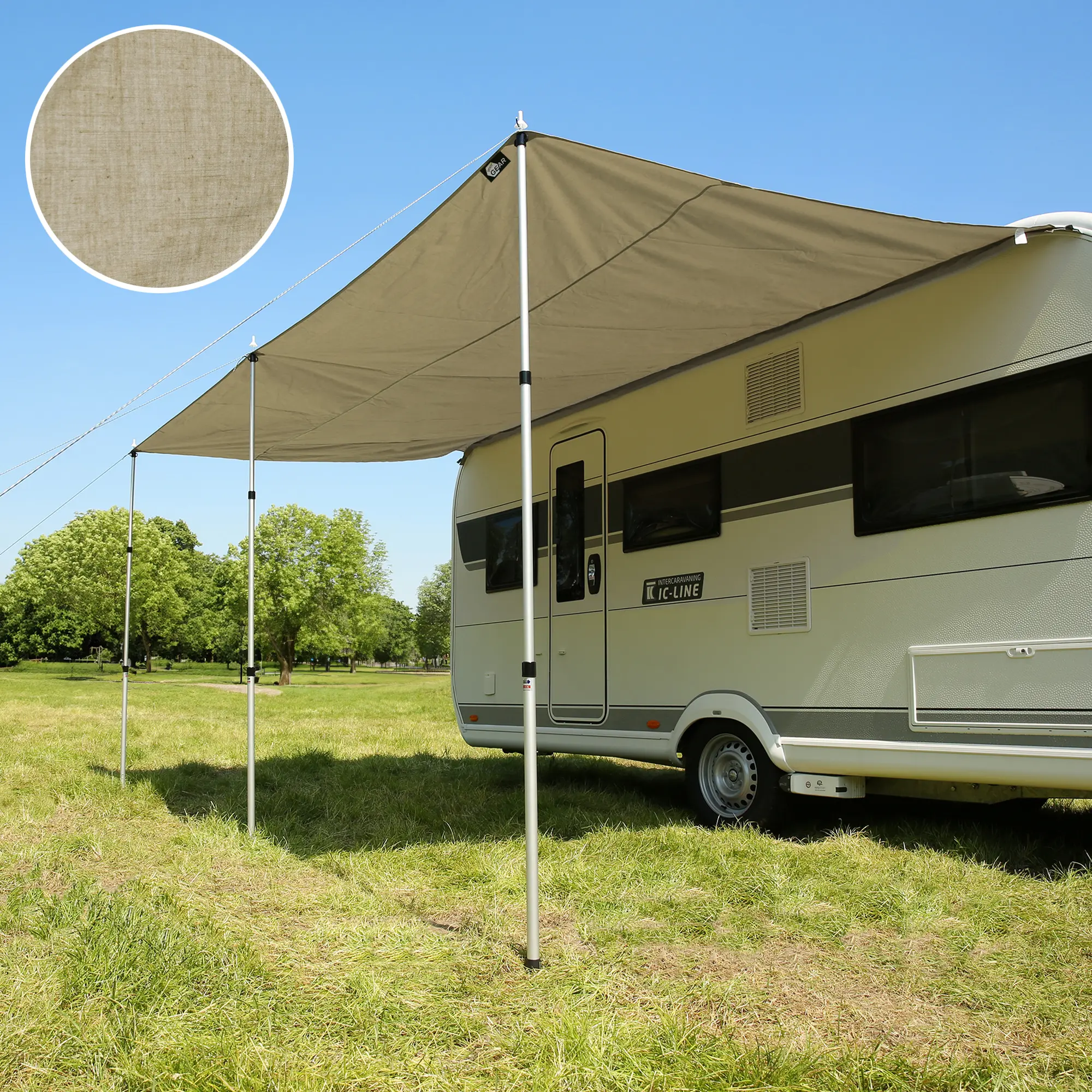 camping-pour-caravane-295qtr.webp your GEAR Caravan Cotton Tarp TC 450 x 240 Auvent de caravane avec mâts, auvent de soleil en coton – Image 1