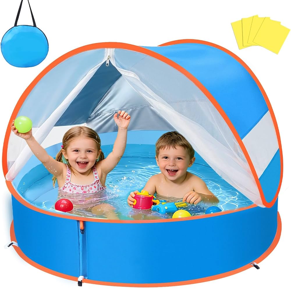 tente-bebe-plage-926pkm.jpg YOOHBERRYS Piscine Bebe avec Pare Soleil 4 en 1, Tente Anti UV Bébé FPS 50+, Tente de Plage Bebe avec Moustiquaire, Pop Up Piscine de Plage, Petite ... – Image 1