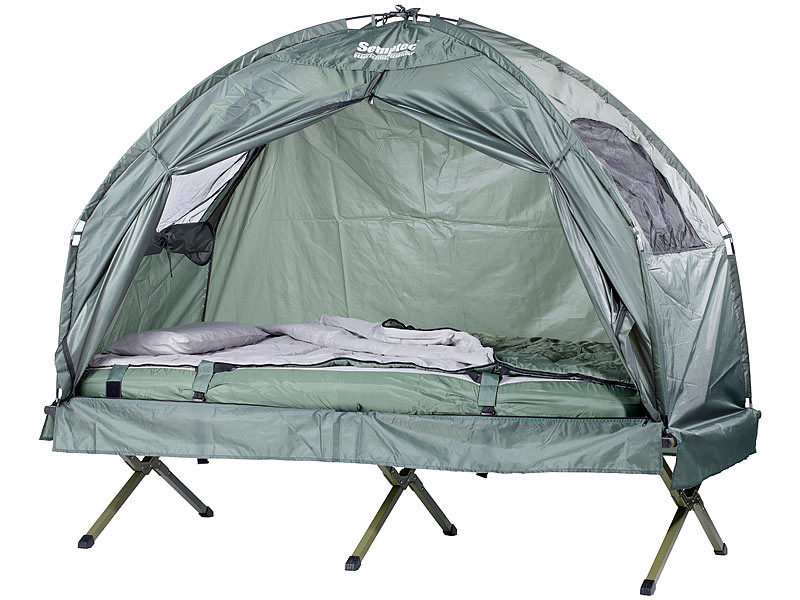 tente-camp-283fhe.jpg Tente surélevée avec lit de camp, sac de couchage et matelas – Image 1