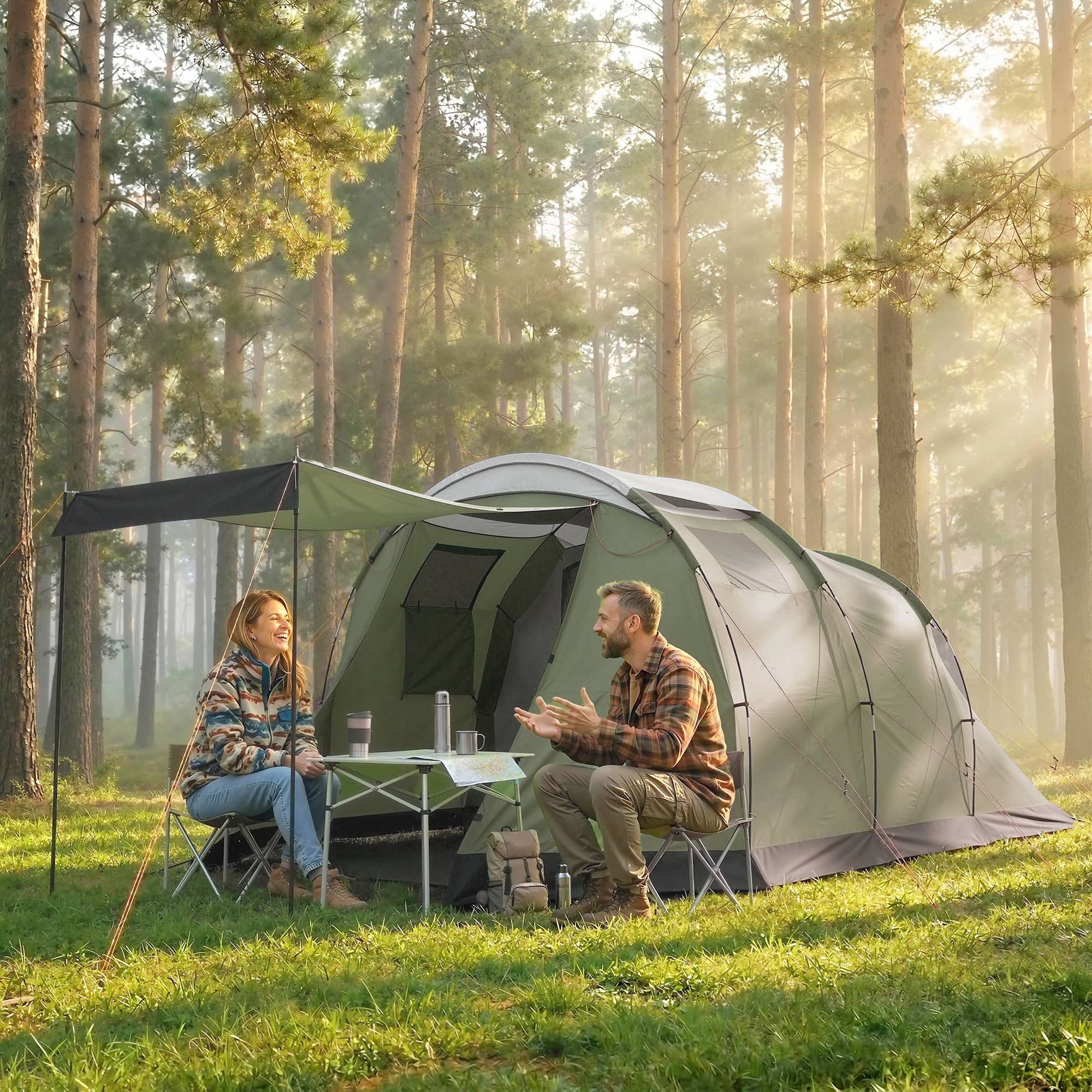 tente-camping-590sbq.jpg Tente Familiale Polyester Fibre Verre Camping 4 Personnes Avec Auvent 460x260x190cm Vert ComfortXL Outdoor Living – Image 1