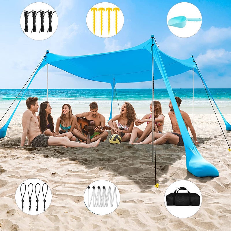 tente-de-plage-401mnn.jpg Parasol de plage UV 200x160x150 cm, tente portable avec 4 mâts en aluminium, installation facile pour plage, camping, pêche et extérieur – Image 1