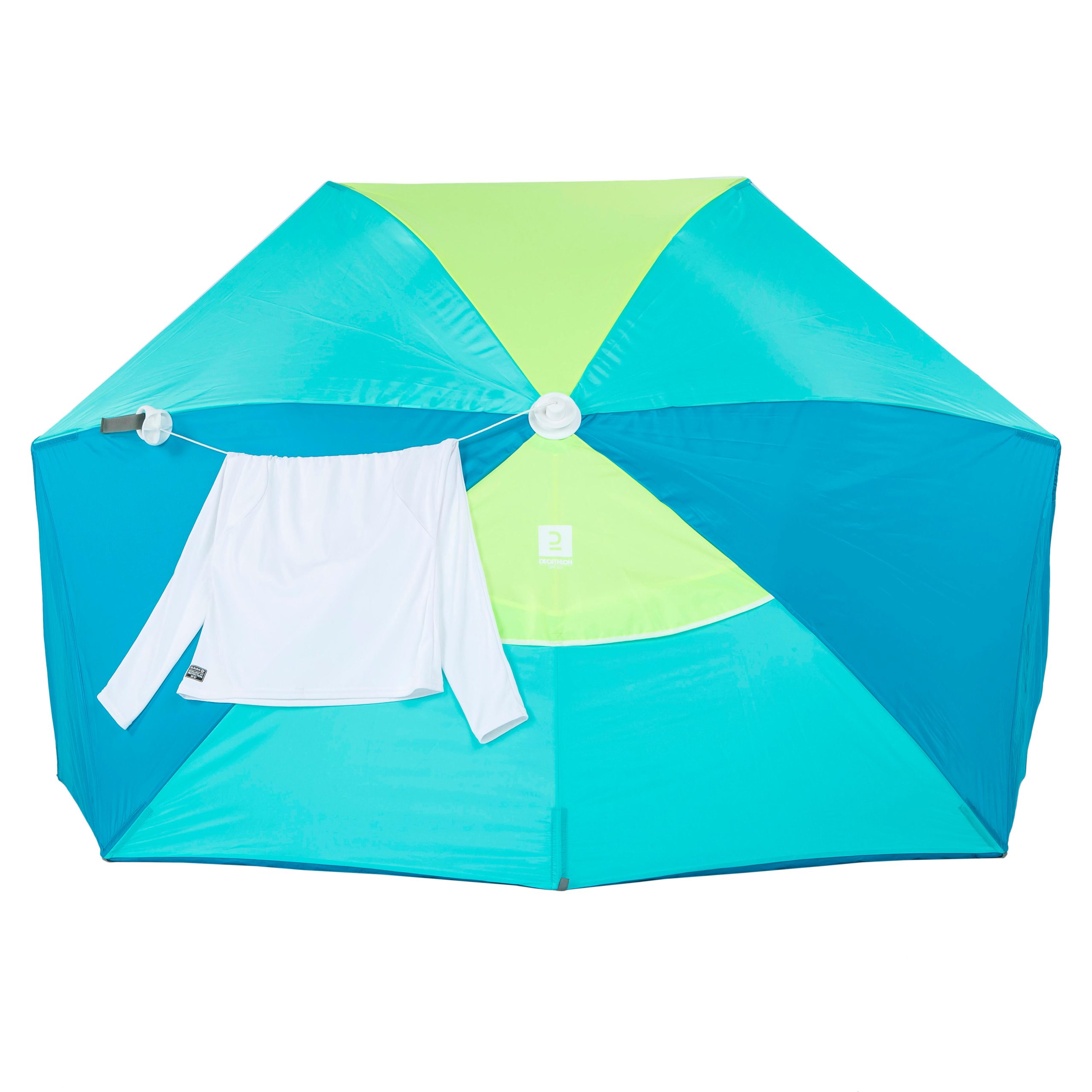 tente-de-plage-decathlon-370djs.jpg Parasol Abri plage solaire Iwiko 180 bleu jaune UPF50+ 3 places – Image 1