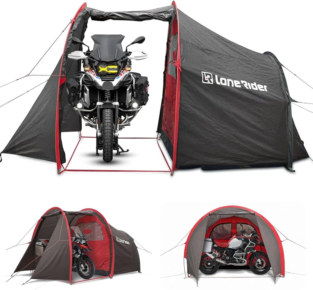 tente-moto-242kqp.jpg Lone Rider Tente Moto Camping 2 Personnes Imperméable, Garage | MotoTent 100% imperméable avec garage moto séparé. Sac de transport, tapis de sol & ... – Image 1