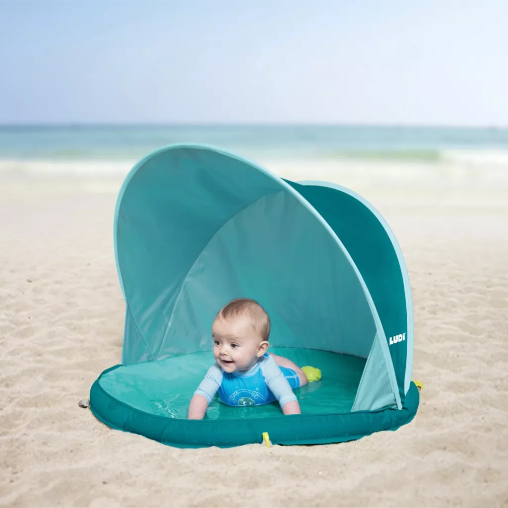 tente-plage-bebe-759acm.webp Abribaby anti UV Tente Pataugeoire Bébé Naissance LUDI – Image 1