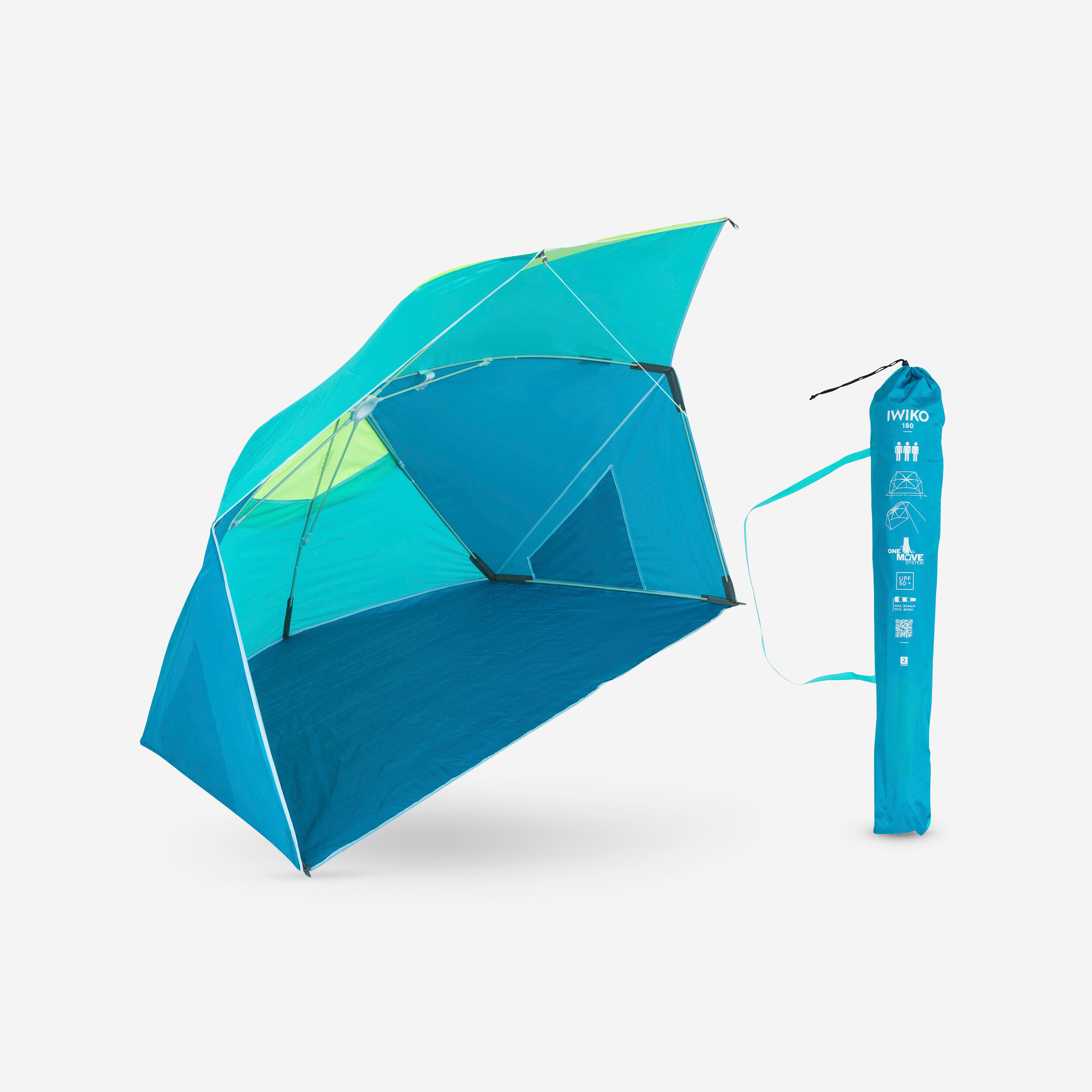 tente-plage-decathlon-775qrd.jpg Parasol Abri plage solaire Iwiko 180 bleu jaune UPF50+ 3 places | Decathlon – Image 1