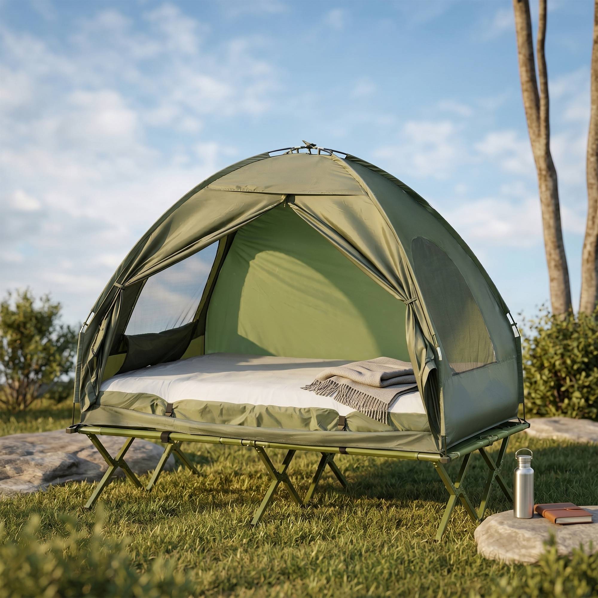 tente-pour-2-personnes-860sxb.jpg Tente Surélevée Acier Camping 2 Personnes avec Lit Matelas 193x145x180cm Vert ComfortXL Outdoor Living Gamm vert – Image 1
