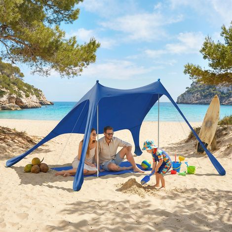 tente-pour-plage-877ndt.jpg Tente de plage UV 50+ pour 2 à 4 personnes avec tapis et pelle, en lycra et aluminium, 200 x 208 x 200 cm, bleue – Image 1