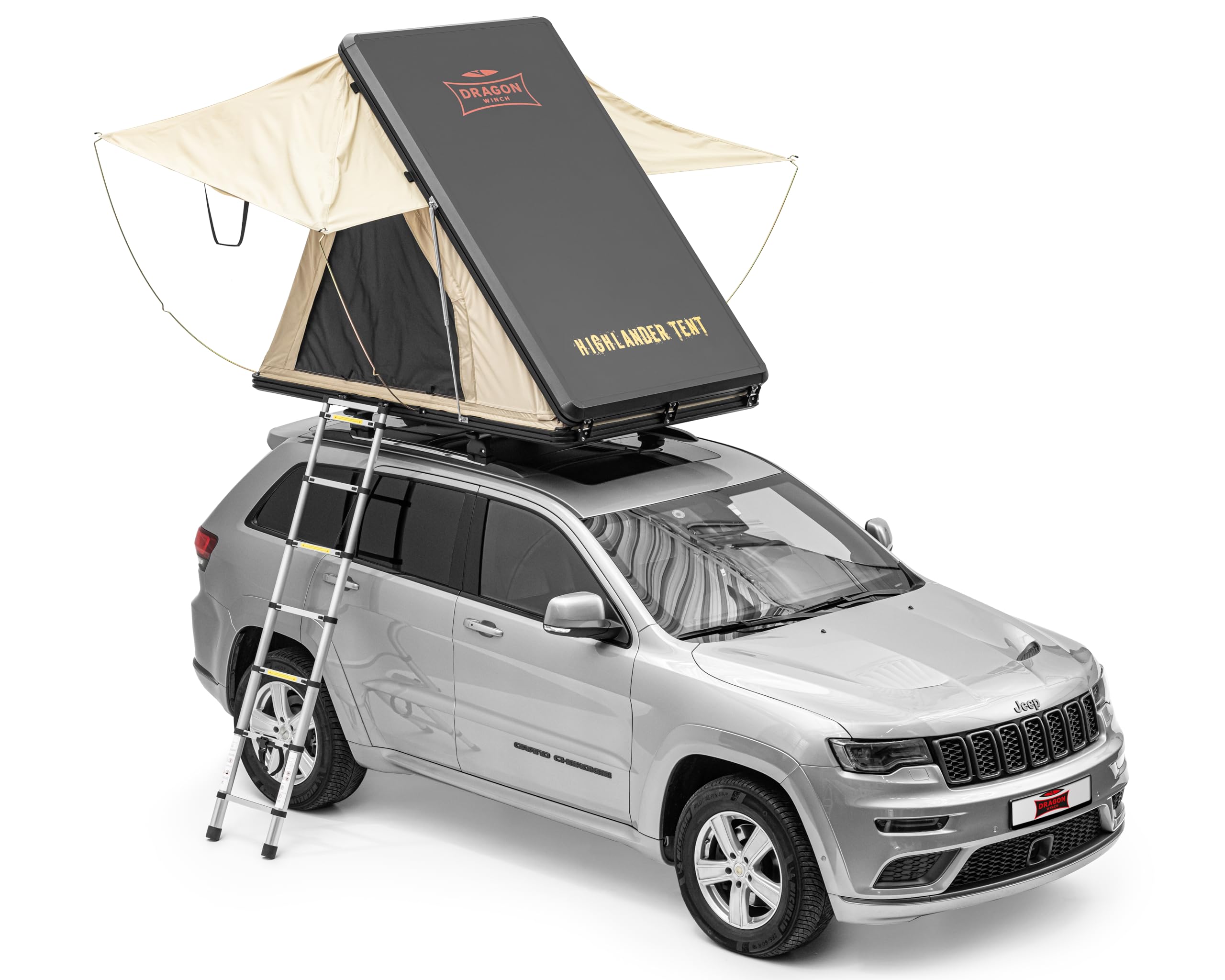 tente-pour-toit-de-voiture-816uau.jpg Dragon Winch Tente de Toit pour Voiture 2 Personnes Toit Rigide en Aluminium avec Matelas, échelle télescopique, Poches pour Accessoires, ... – Image 1