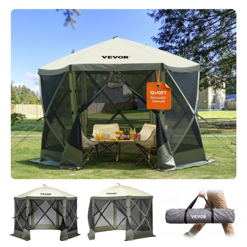 tonnelle-camping-565zzk.jpg VEVOR Tonnelle pop up, 3,05x3,05 m, tente à moustiquaire escamotable polygone à 6 côtés, abri solaire à réglage rapide avec 6 toiles coupe vent ... – Image 1